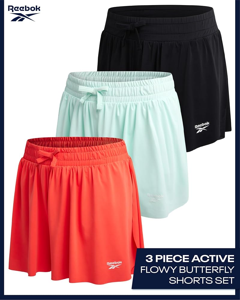 Reebok Girls Butterfly Shorts 3-Pack with Liner - Flowy Elastic Waist, Variation Hot Coral/Black/Aqua