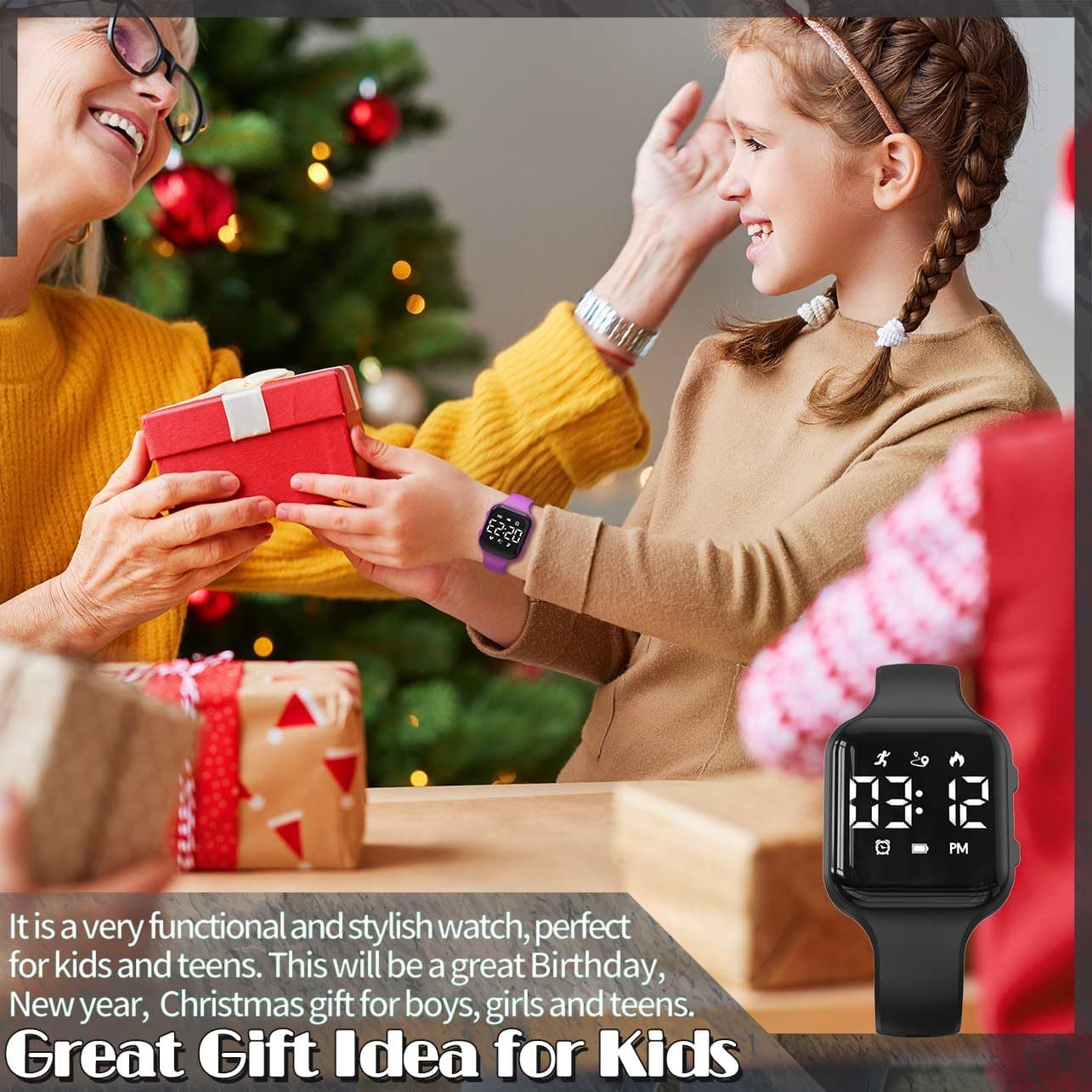 Skiennix Children's Fitness Tracker Watch - Waterproof Digital Step Counter with Pedometer & Alarm (Black)