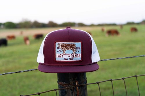 Lazy J Ranch Maroon & White Blue Bull Trap Patch Classic Five Panel Rope Trucker Hat - Adjustable Unisex Country Hats, Vintage Trucker Hat