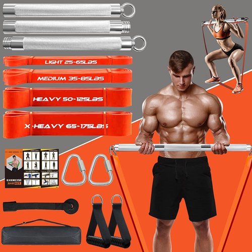 Detachable Resistance Band Bar Set for Home Gym, 500LBS Capacity with 4 Stackable Bands, Door Anchor & Workout Guide