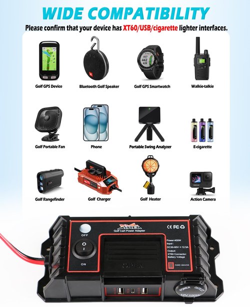 400W Golf Cart USB Charging Port with XT60 Port, 12V 120W Cigarette Lighter & 3 USB Quick Charge 3.0 Power Socket Adapter for 36V/48V EZGO Club Car Yamaha, No Drill Installation Golf Cart Accessories