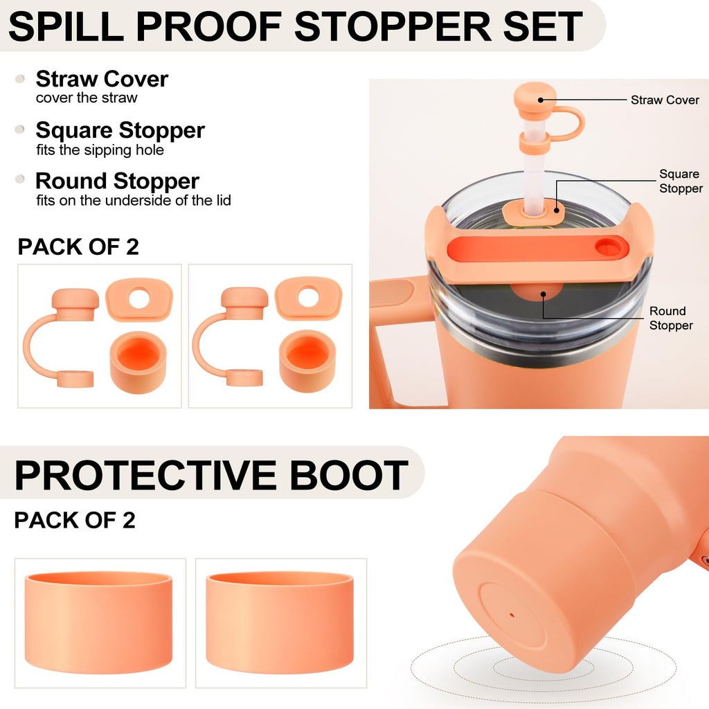 HYZ 8 Piece Accessories for Stanley Cup, Silicone Spill Proof Stopper Set and Protective Boot Including Straw Cover Cap for Stanley H2.0 20oz 30oz 40oz Tumbler, Nectarine