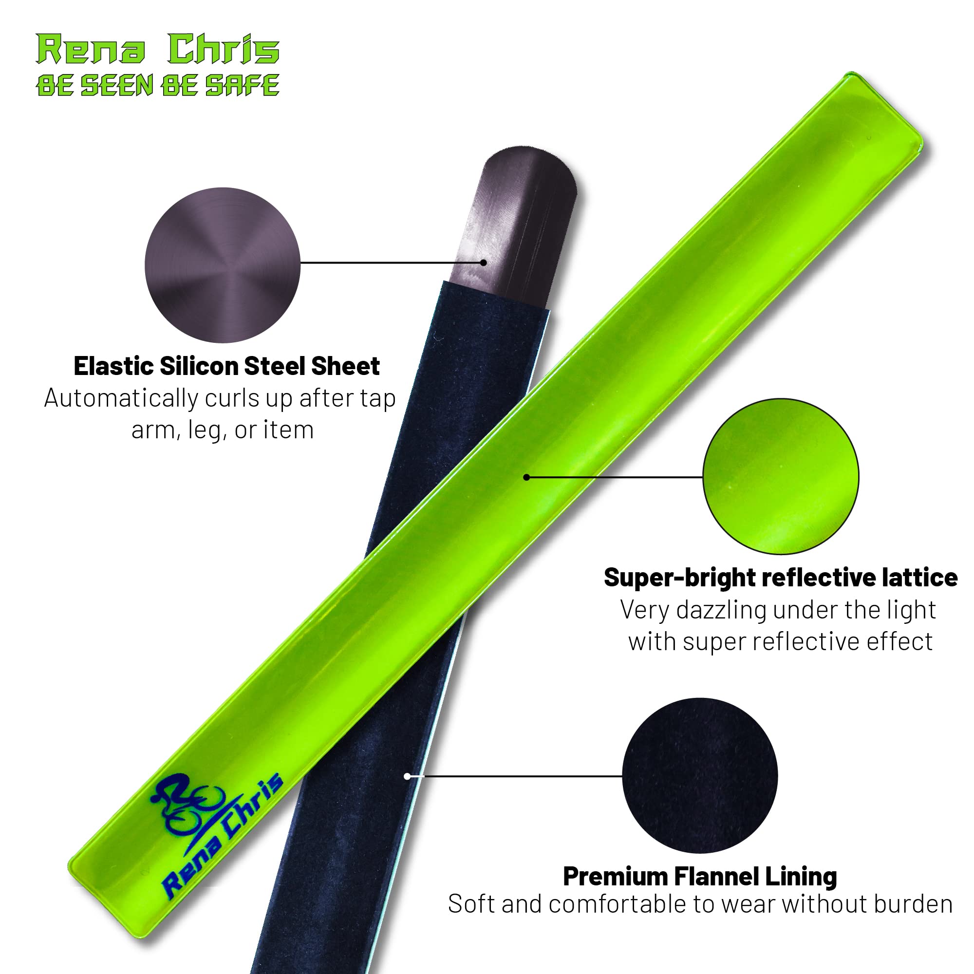 Rena Chris Reflective Running Gear, 4pcs High Visibility Reflective Arm Bands for Night Walking, Safety Running Gear with Reflective Tape for Clothing, Reflectors for Walking at Night, Running Safety Gear for Women, Man, Kids
