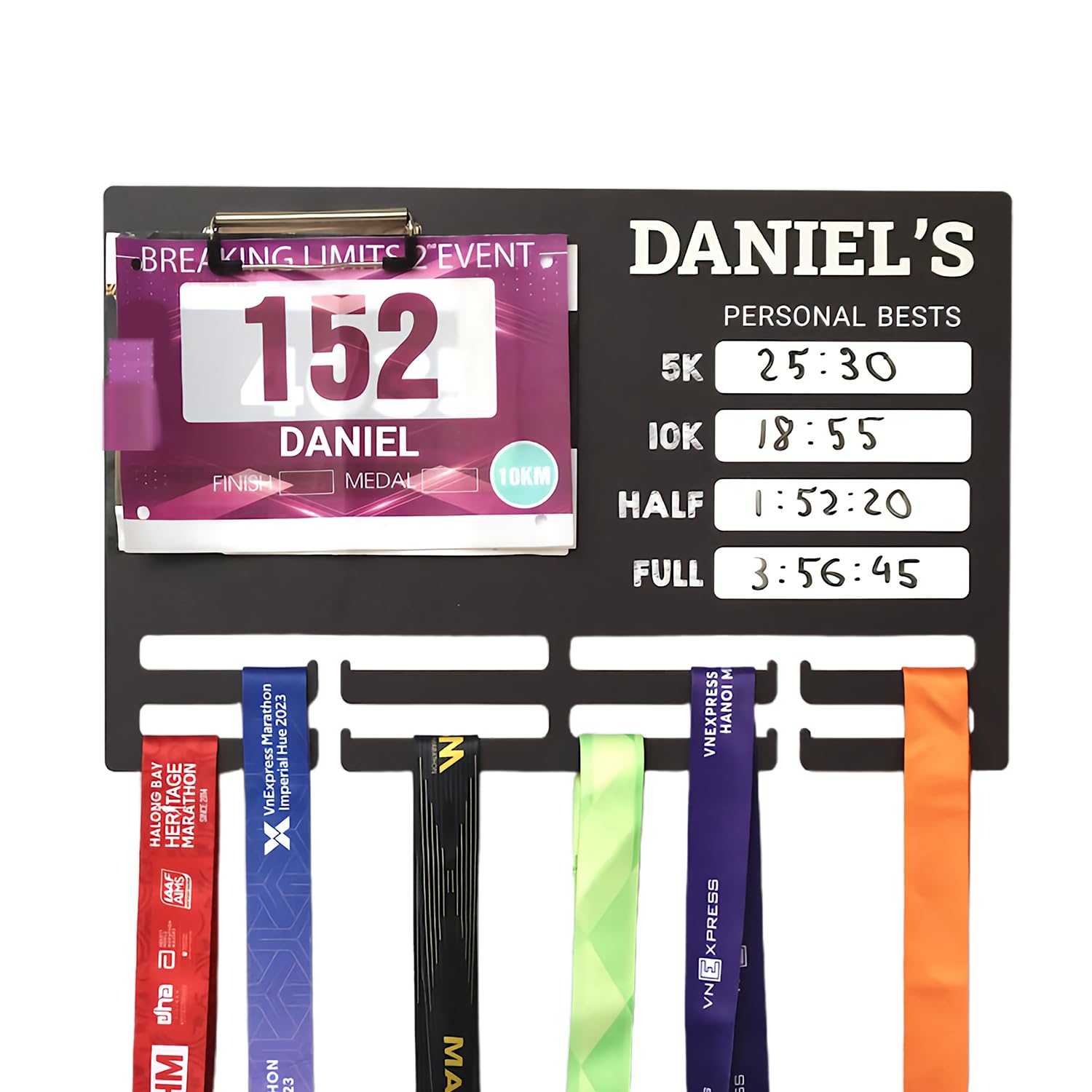 Personalized Running Medal Hanger Display | Wooden Bib And Medal Display For Runners | 5K 10K Marathon Personal Bests Chalkboard Design, Gifts for Runners, Holds up to 60 Medals And 40 Bibs
