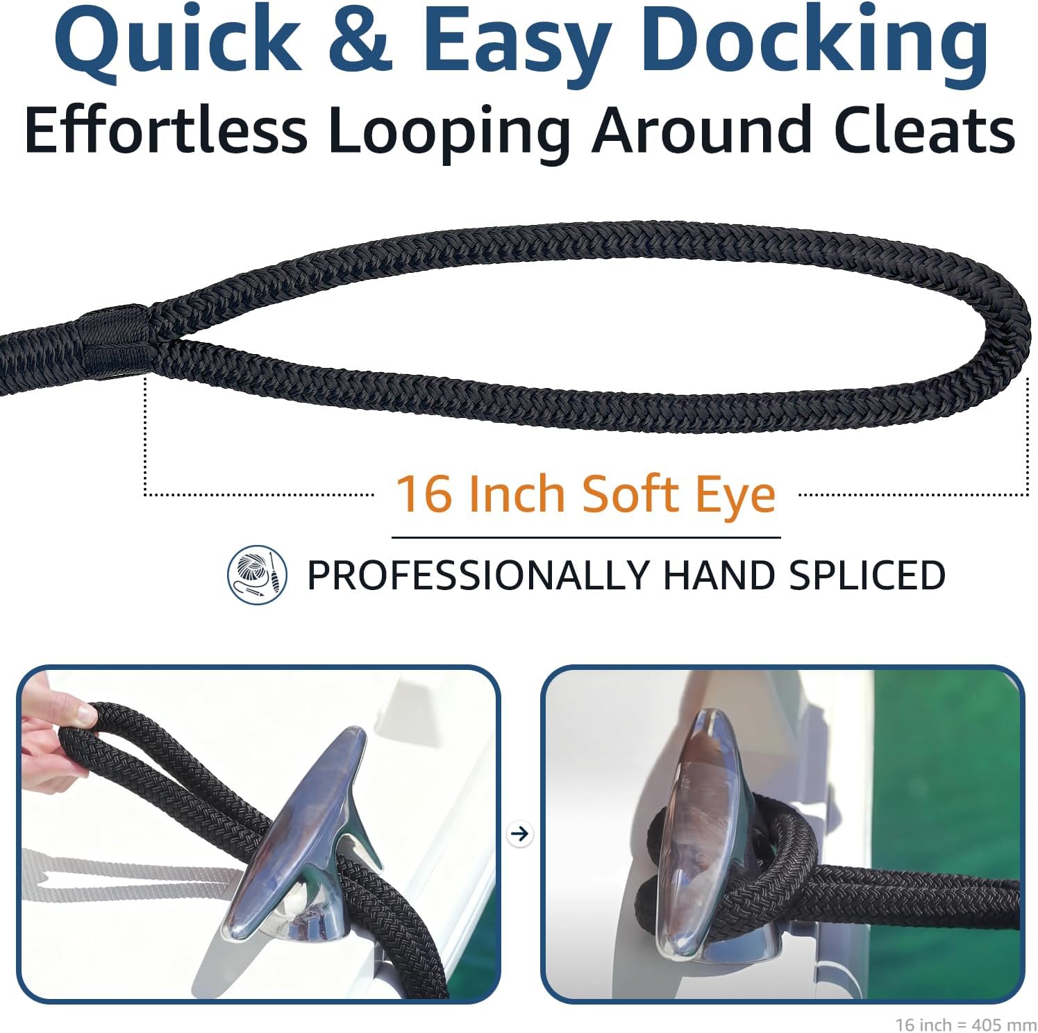 PACTHSD Dock Lines - 5/8" x 50' Double Braided Nylon Marine-Grade Boat Ropes with 16" Eyelet