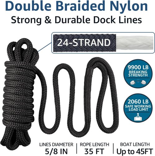 Marine Grade Dock Lines by [Brand Name] - 5/8" x 35' Double Braided Nylon Boat Rope - High Strength, Easy Handling, Fray Resistant - Black (2 Pack)