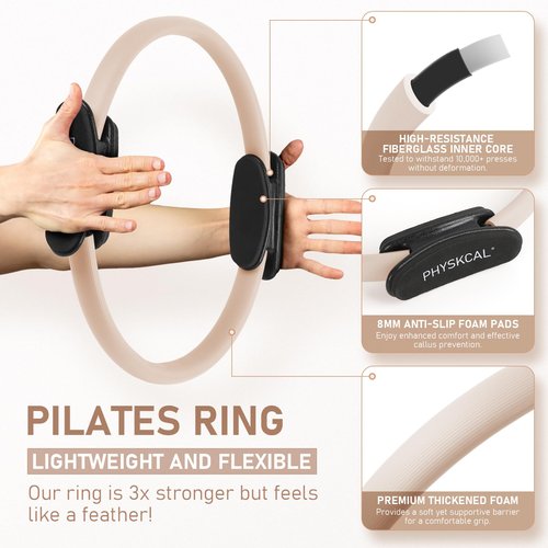 PhysKcal Pilates Ring, 15-Inch Magic Circle with Extra Thick Padded Handles, Pilates Equipment for Toning Inner Thighs, Arms and Strengthening Cores- Workout Guide Included (Nude)