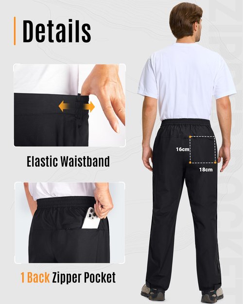 33,000ft Men's Rain Pants Full Zip Waterproof Pants Breathable Rain Over Trousers for Outdoor Hiking Golf Work Black