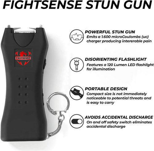 FIGHTSENSE Super Heavy Duty Keychain Stun Gun - Rechargeable Self Defense Device with Flashlight | Durable Nylon Holster