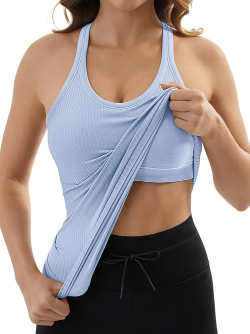 3rd hill Ribbed Workout Tank Tops for Women with Built in Bra Racerback Yoga Sports Bras Fitness Running Shirts Light Blue XL