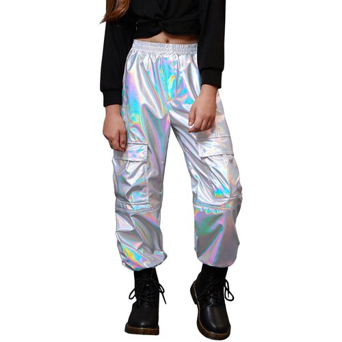 Perfashion Metallic Cargo Pants 4 5t for Girls Silver Hip Hop Dance Joggers Sweatpants for Little Girls Disco 80 S