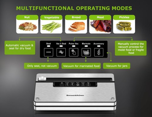 Bonsenkitchen Vacuum Sealer Machine - Stainless Steel Food Sealer with 5 Modes & Built-in Cutter | Silver Black