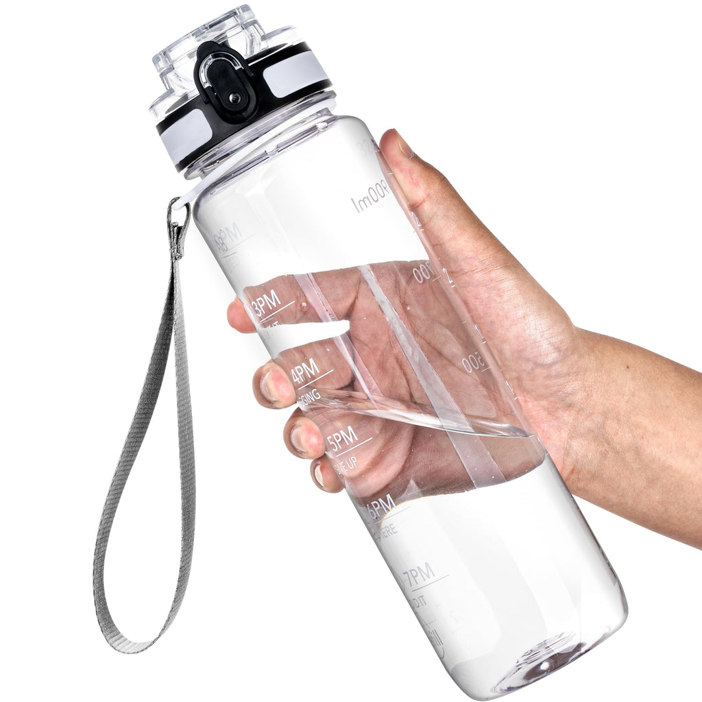 OLDLEY Water Bottle, 32oz Motivational Sports Water Bottle with Time Marker - Times to Drink - Tritan, BPA Free, Wide Mouth Leakproof, Glacier (1 Bottle)