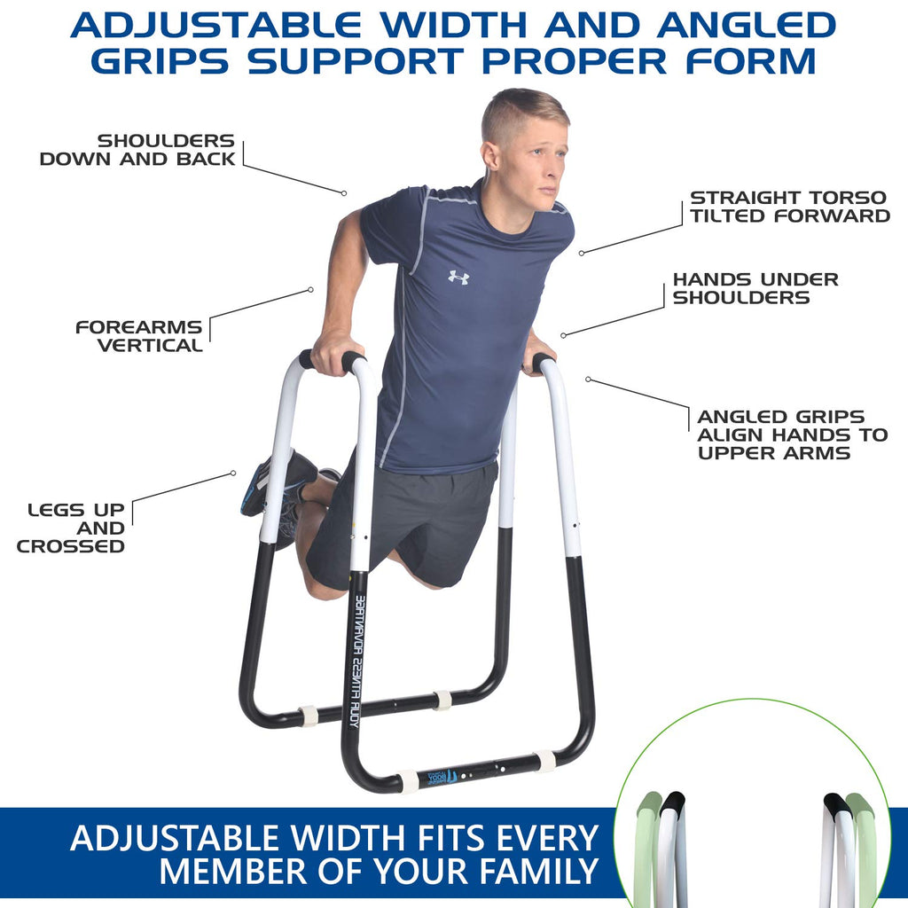 Ultimate Body Press Dip Bar Fitness Station - Adjustable Width Folding Dip Stand with Angled Grips, Stable Leveling and Easy Storage
