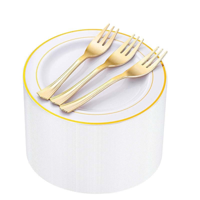 Wellife 240 Pcs Disposable Dessert Plates with Gold Forks, 6.5 Inch White & Gold Rim Set for 120 Guests