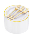Wellife 240 Pcs Disposable Dessert Plates with Gold Forks, 6.5 Inch White & Gold Rim Set for 120 Guests