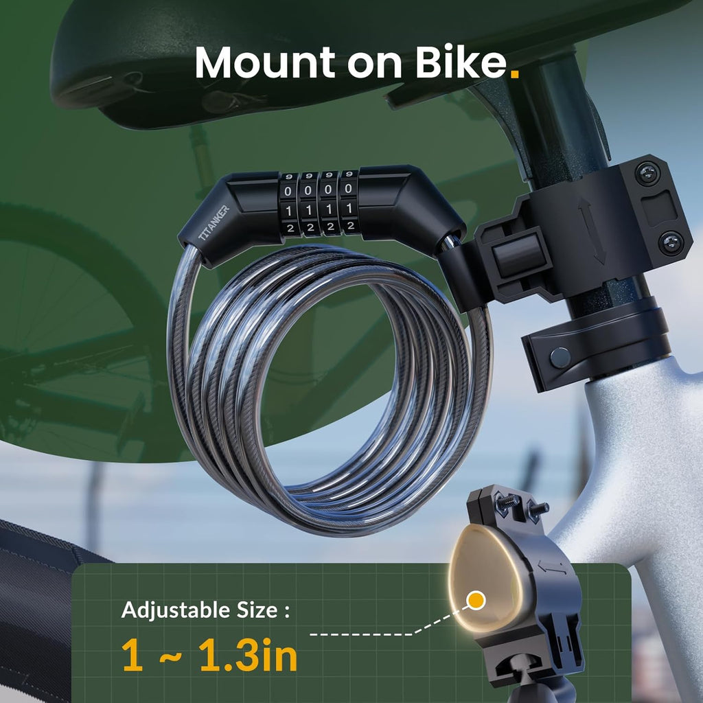 Titanker Bike Lock Cable - 4 Feet Self-Coiling Combination Lock for Kids | Black 5/16 Inch Diameter