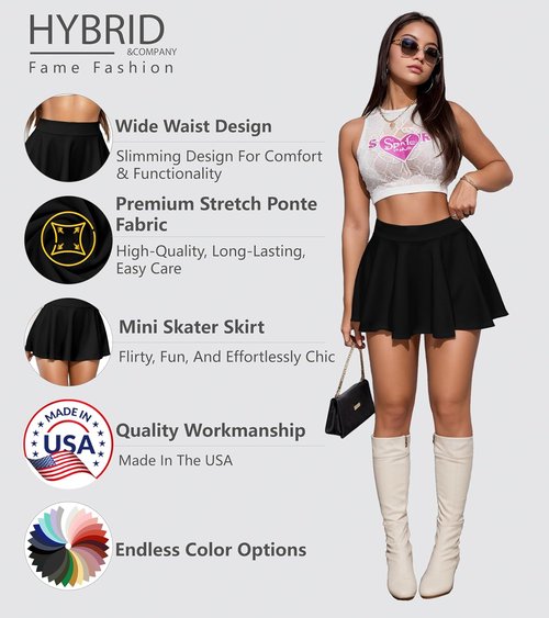 Hybrid & Company Women's Mini Skate Skirt - Stretchy Flared Design in Casual Nylon Ponte