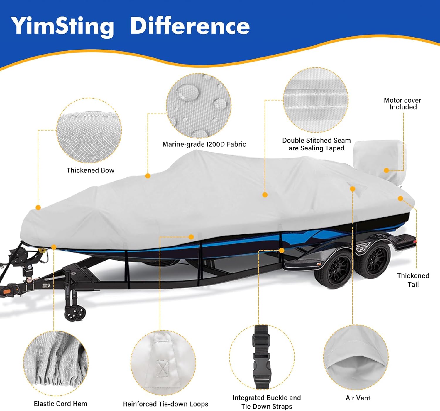 1200D Waterproof Boat Cover - Heavy Duty Protection for 16' to 18.5' Bass & V-Hull Boats - Gray