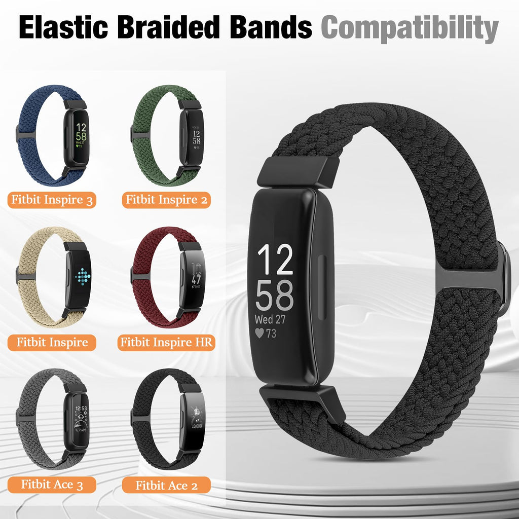 Puhuite Elastic Braided Watch Band Compatible with Fitbit Inspire 3/2/HR/Ace 3/2, Adjustable Stretchy Strap Sport Nylon Loop Replacement Wristband