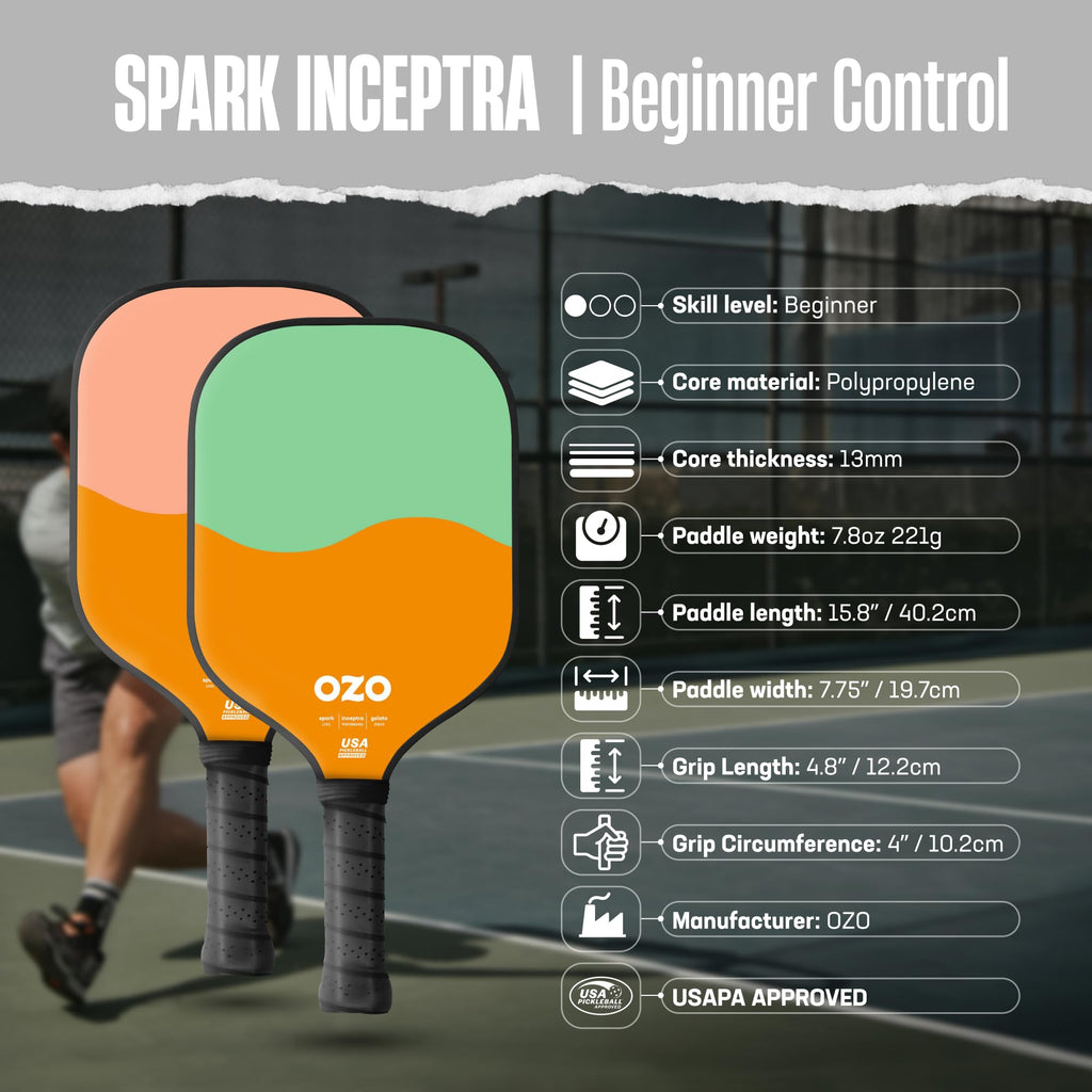 OZO Pickleball - Set of 2 Paddles + 4 Balls - Spark Inceptra Gelato (Beginner Control) +Indoor & Outdoor Balls + Carrying Bag