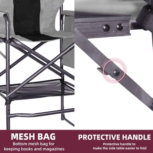 Tisetrail Tall Directors Chair 30" Seat Height, Bar Height Folding Chair with Side Table, Foldable Camping Chair with Side Pocket for Makeup Artist, Sports Event, Supports 400LBS - Black/Gray