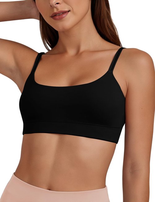 Buauty U Neck Sports Bra for Women, Adjustable Thin Straps Padded Push up Women's Sport Bras, Light Support Bra, Low Impact Spaghetti Strap Sport Racerback Bras Black S