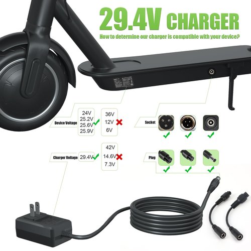 29.4V Compact Electric Scooter & Hoverboard Charger UL Certified Safe+Powerful +Small, 3 Connectors for Razor GOTRAX Jetson Etc. Brand's E-Scooter, Hover Boards, Ebikes 25.2V/25.6V/25.9V Battery