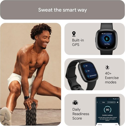 Fitbit Versa 4 Fitness Smartwatch - Daily Readiness, GPS, 24/7 Heart Rate, Black/Graphite, One Size (S & L Bands Included)
