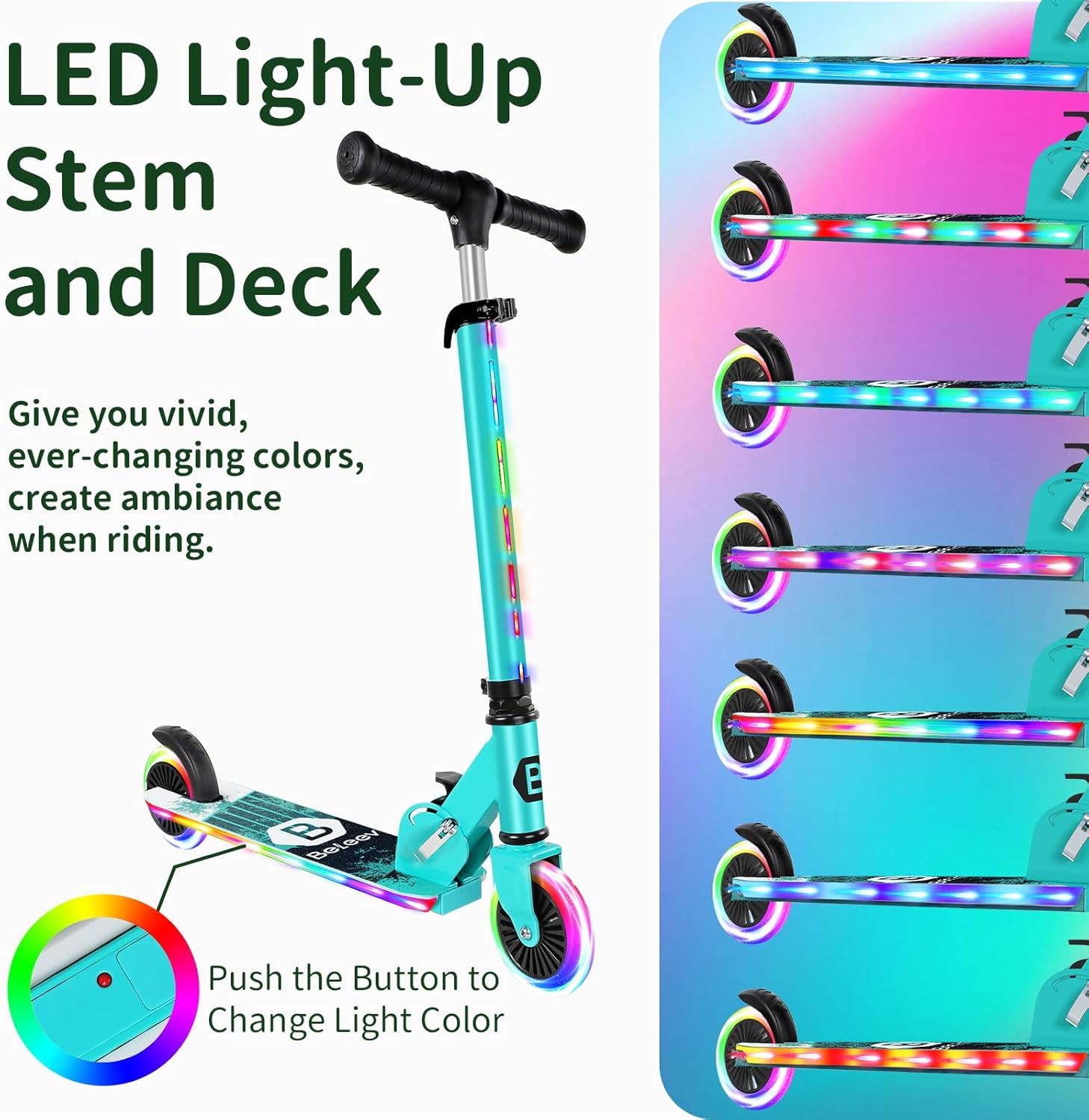 BELEEV V2 Kids Scooter - Light-Up Wheels, Adjustable Height, Non-Slip Deck | Lightweight Folding Design for Ages 3-12
