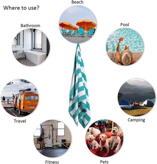 LULUHOME Oversized Beach Towel - Soft Cotton 36 x 70 Inch Striped Pool Towel for Adults | Turquoise