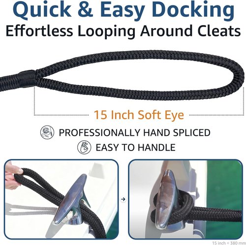 Marine Grade Dock Lines by [Brand Name] - 3/4" x 25' Nylon Boat Rope with 15" Loop - Heavy Duty, Fray Resistant, Easy Handling, Black