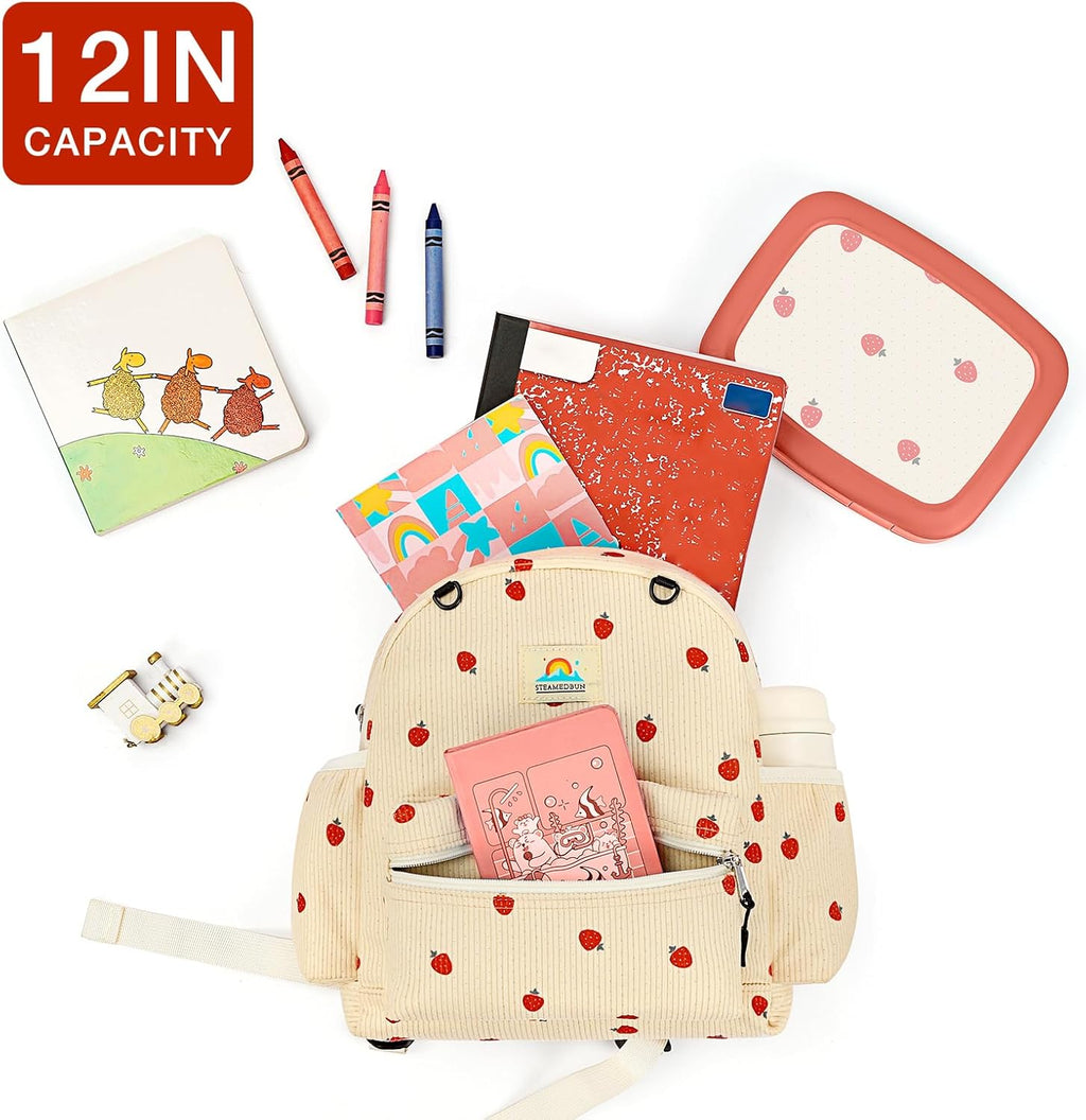 STEAMEDBUN Corduroy Toddler Backpack - Adorable Strawberry Design for Kids Ages 2-4 | 12-Inch Preschool Size
