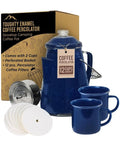 Toughty Enamel Coffee Percolator – 12-Cup Stovetop Camping Coffee Pot for Open Fire, Grill, or Gas Stove – Durable, Old-Fashioned Percolator with 2 Enamel Mugs for Outdoor Brewing - Blue