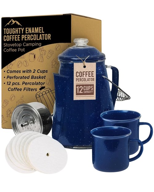 Toughty Enamel Coffee Percolator – 12-Cup Stovetop Camping Coffee Pot for Open Fire, Grill, or Gas Stove – Durable, Old-Fashioned Percolator with 2 Enamel Mugs for Outdoor Brewing - Blue