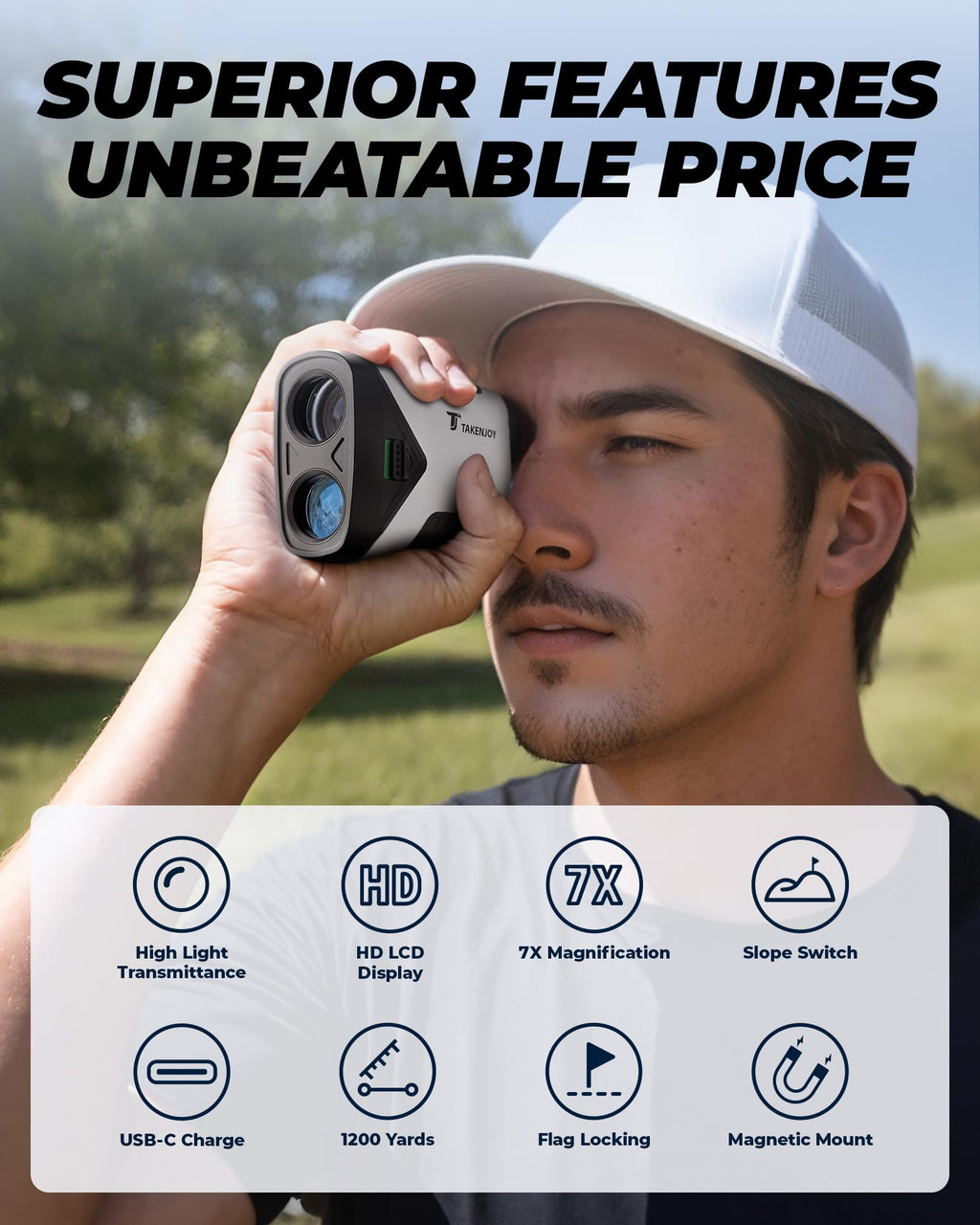 TAKENJOY Golf Rangefinder with Slope, 7X Magnification Golf Range Finder, 1200 Yards Range Finder Golf, Magnetic Laser Rangefinder with IP54 Waterproof, Rechargeable and Flag Pole Locking Vibration