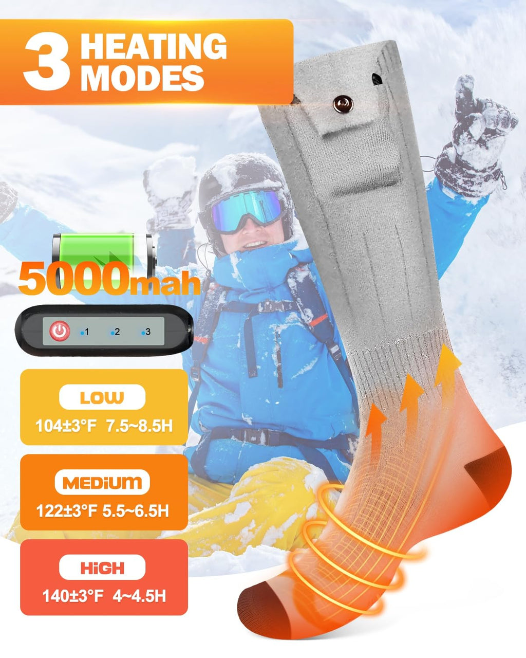 Zoomsnail Electric Heated Socks, 3 Heating Settings Washable Heated Sock for Fishing Skiing Hiking Skating, Valentine's Day Gifts, 5000mAh Rechargeable Electric Socks for Men Women