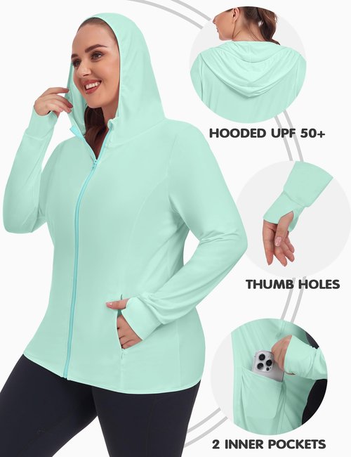 COOTRY Women's Plus Size UPF 50+ Sun Protection Jacket Lightweight Long Sleeve Zip Up Hoodie Cooling Sun Shirt Hiking Workout Green 4XL