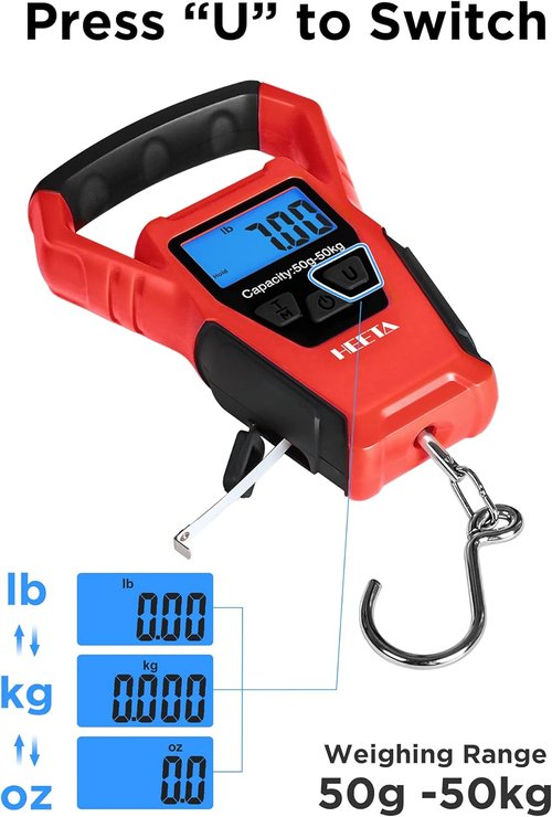 HEETA Waterproof Fish Scale - Digital LCD Display, 110lb Capacity, Portable Fishing Scale with Tape & Batteries Included