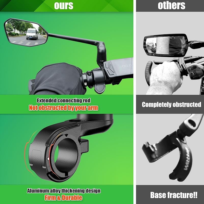 RBRL Extra Large Bicycle Mirror Set, 360° Adjustable Shatterproof Bar End Rear View Mirrors for E-Bikes