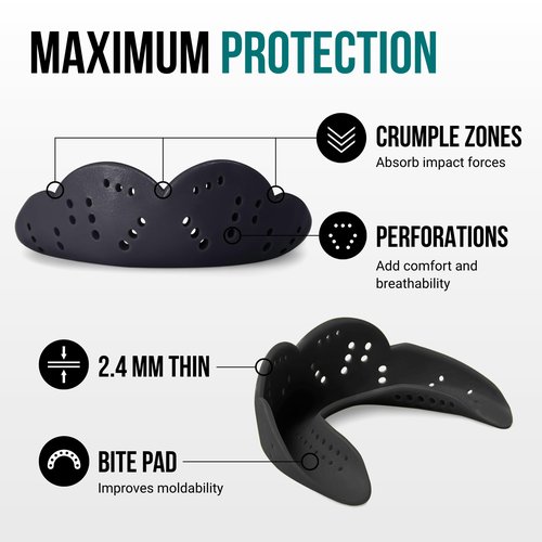 SISU Max Mouthguard, Charcoal Black - 50% Stronger, Maximum Protection for Rugby, MMA, Boxing, Lacrosse, Football, Hockey, High-Impact Sports - Adult Fit, Remoldable Up to 20 Times, Works for Braces