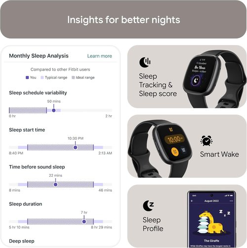 Fitbit Versa 4 Fitness Smartwatch - Daily Readiness, GPS, 24/7 Heart Rate, Black/Graphite, One Size (S & L Bands Included)