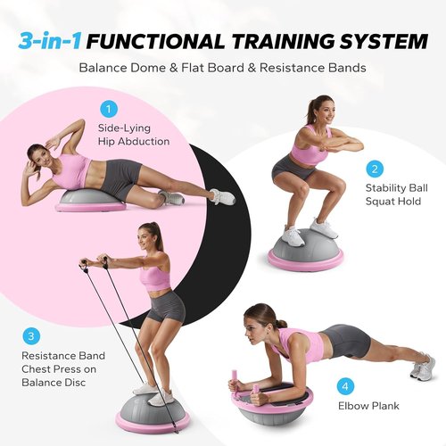 MERACH Balance Ball Trainer - 18-Inch Half Exercise Ball with Resistance Bands & Foot Pump | Core Strength Training, 450lb Capacity