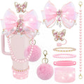 LBU Bling Stanley Cup Accessories for 40&30&20 Oz Tumbler Including Diamond Bow Straw Topper, Stanley Bracelets Charms, Butterfly Straw Cover Cap, Pearl Handle Strap, Silicone Boot, Pom-Pom (Pink)