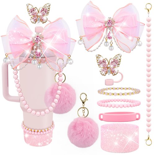 LBU Bling Stanley Cup Accessories for 40&30&20 Oz Tumbler Including Diamond Bow Straw Topper, Stanley Bracelets Charms, Butterfly Straw Cover Cap, Pearl Handle Strap, Silicone Boot, Pom-Pom (Pink)
