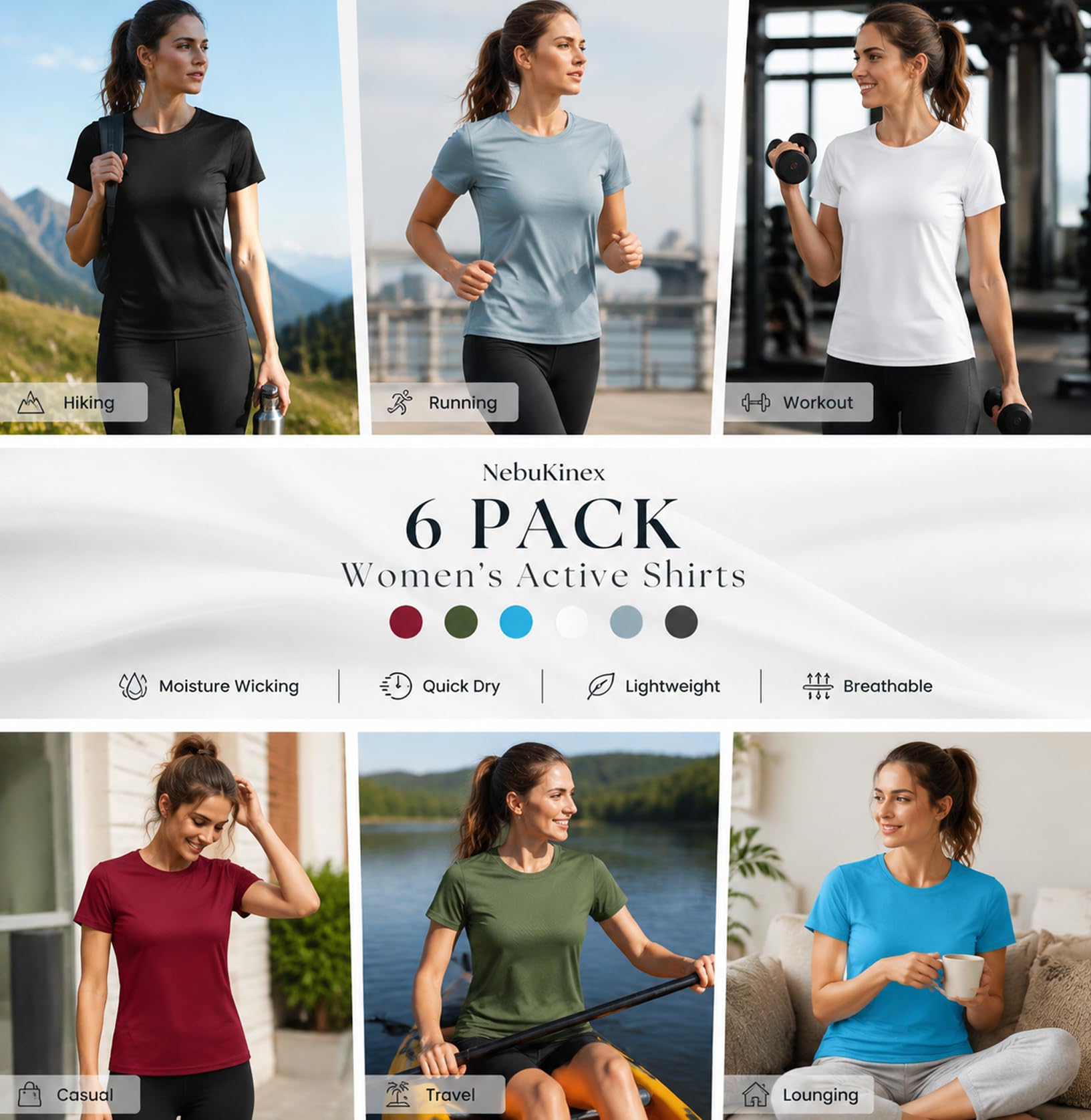 6 Pack Workout Tops for Women Short Sleeve UPF Sun Protection Athletic T Shirts Quick Dry Tennis Yoga Running Crew Neck Tee SetA XL