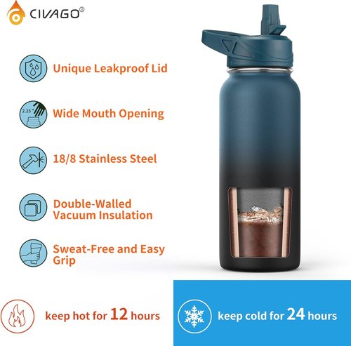 CIVAGO Insulated Gallon Water Bottle - 128 oz Stainless Steel Flask with Straw & 3 Lids | Indigo Black