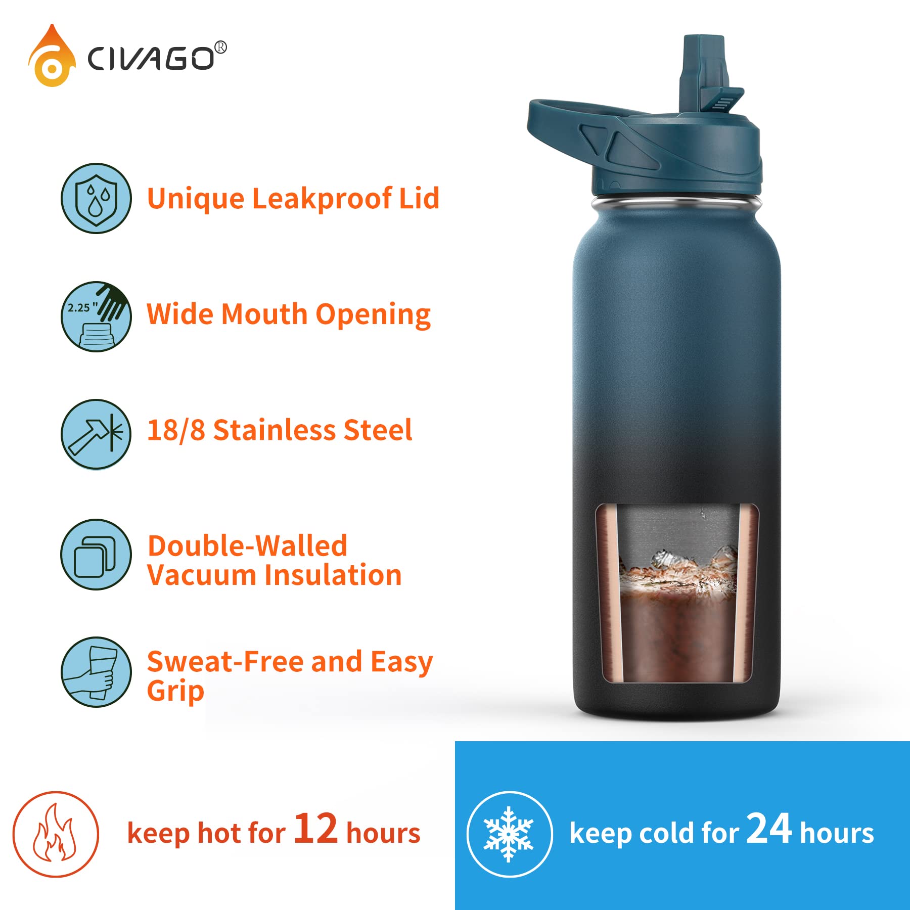 CIVAGO 32 oz Insulated Water Bottle With Straw, Stainless Steel Sports Water Cup Flask with 3 Lids (Straw, Spout and Handle Lid), Wide Mouth Travel Thermal Mug, Army Green
