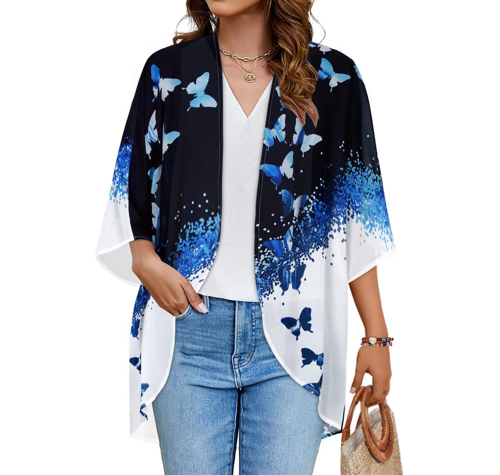 Women's Kimono Cardigan Loose Casual Cover Up Print Puff Blouse Summer Tops (Black Blue Butterfly, L)