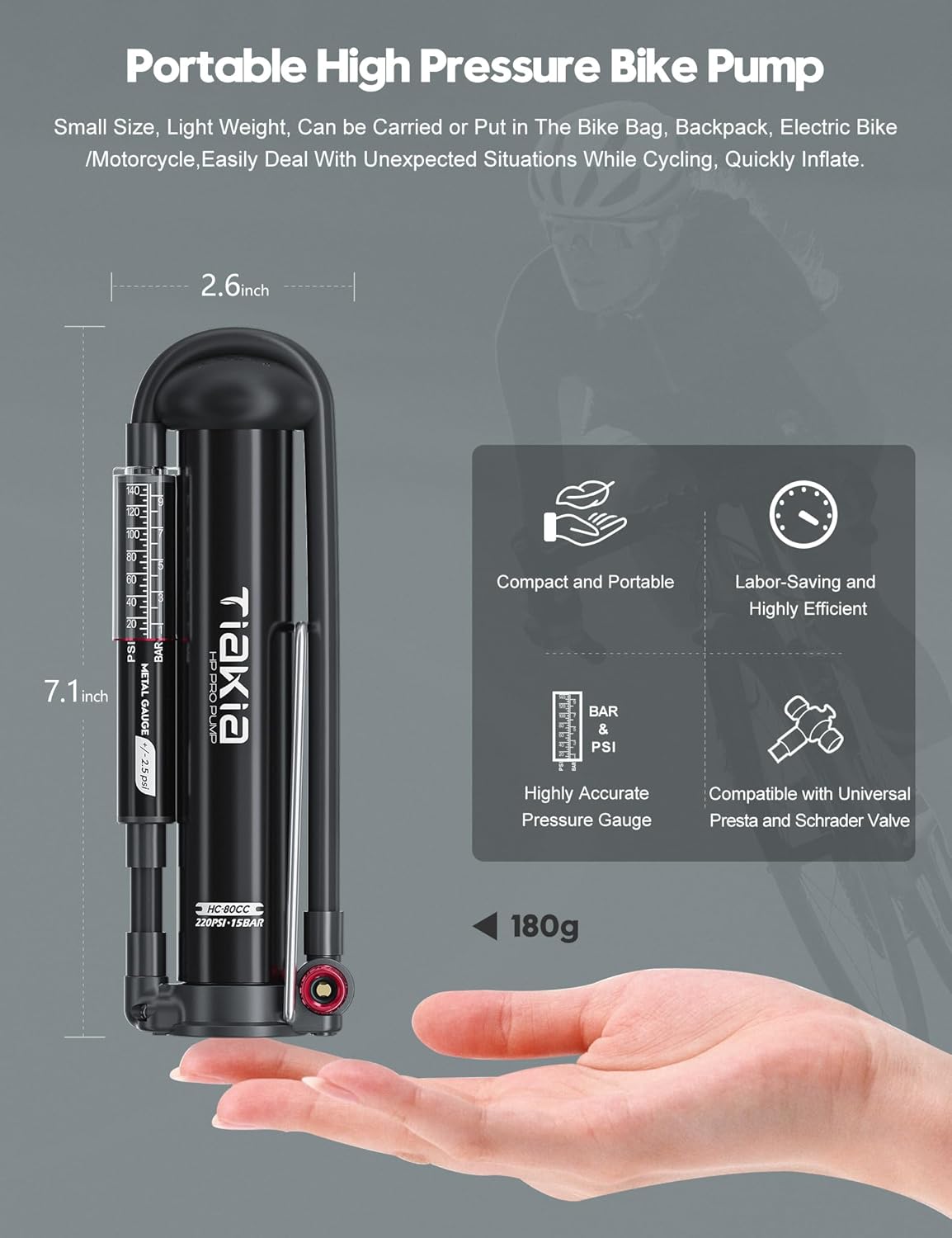 Tiakia High Pressure Bicycle Pump - Portable Hand Air Pump with Gauge for Presta & Schrader Valves | Aluminum, Fits Mountain & Road Bikes, Strollers, Balls